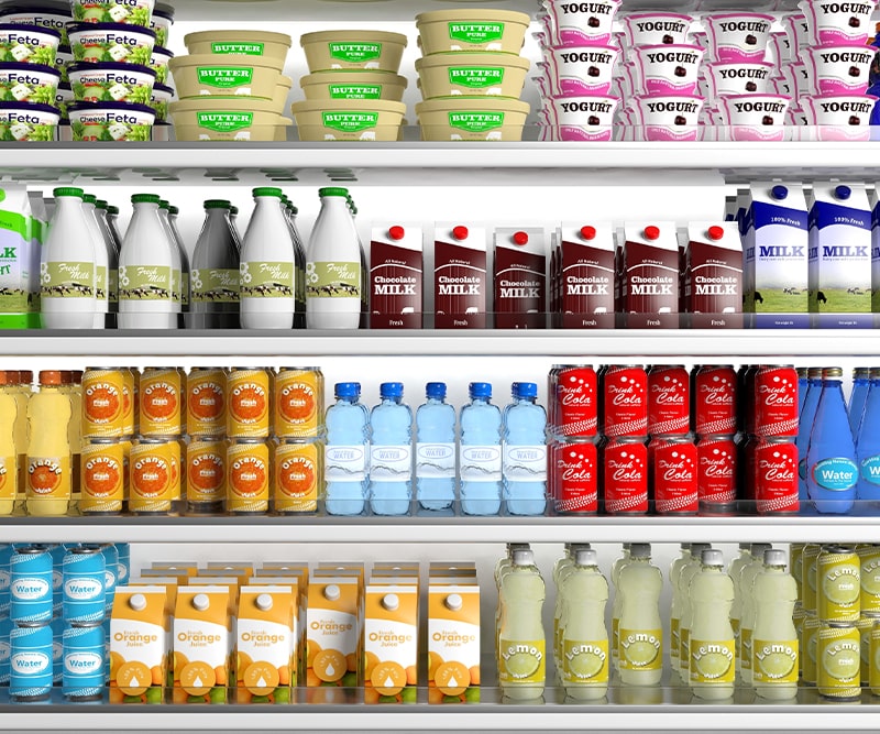 containers in grocery store shelves