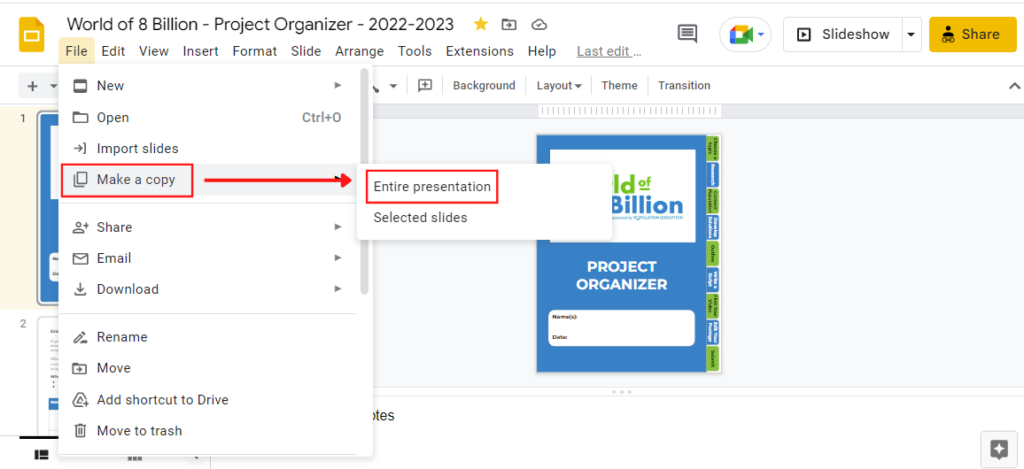 An image showing which steps to follow to copy the Video Project Organizer in Google