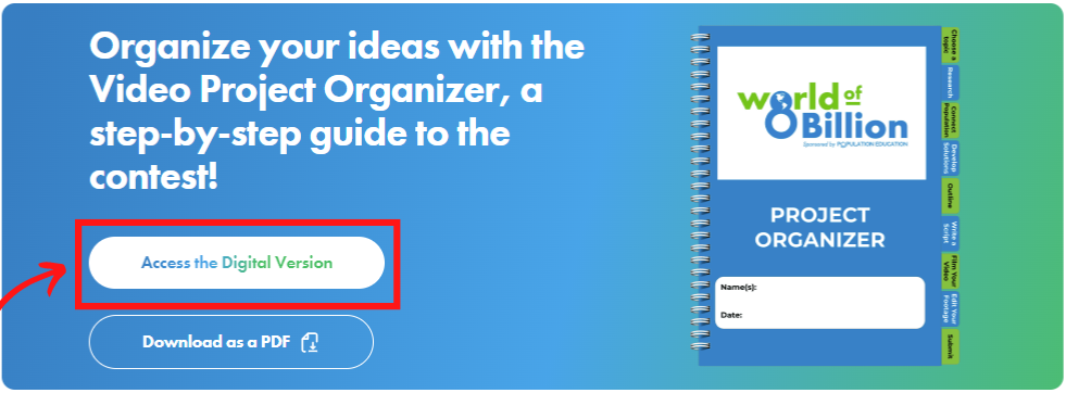 An image showing where the button for downloading the digital project organizer is located