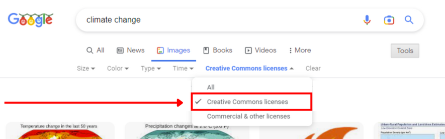 A screenshot of a Google image search, with an arrow pointing to the filter that allows users to select Creative Commons.