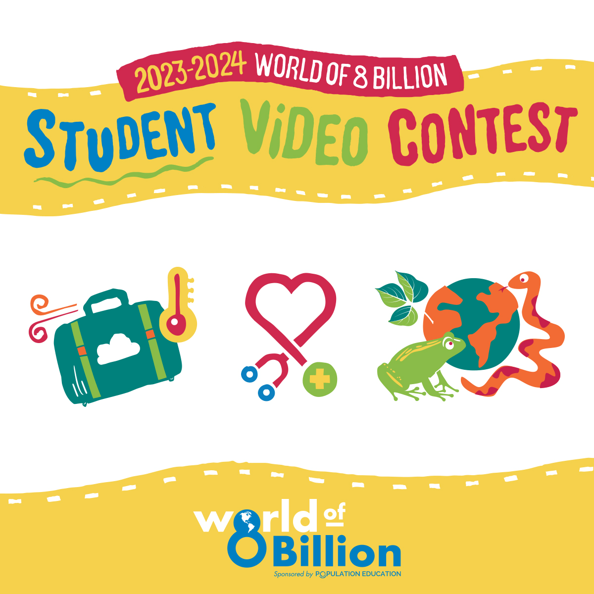2023-2024 student video contest banner and global topic illustrations