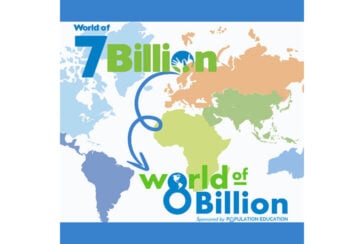 Image of the World of 8 Billion logos on top of a world map.