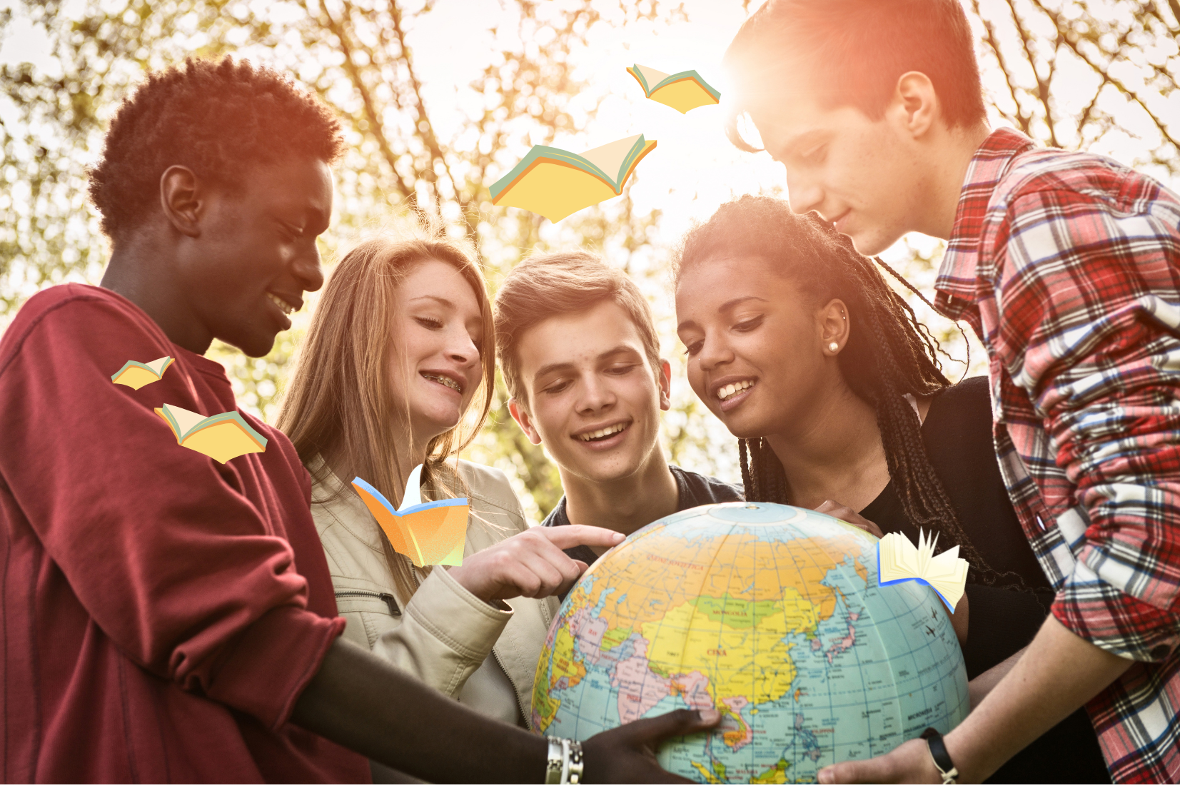students gather outdoors around a globe, smiling and pointing at different locations. Colorful illustrated books float around them, symbolizing learning.